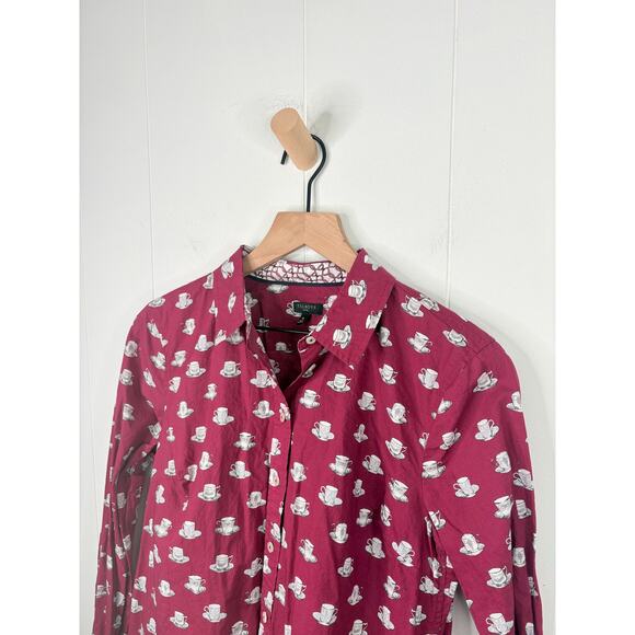 Talbots Tea Time Button Up Shirt Size Medium Petite Coffee Cup Mug Burgundy - Picture 3 of 7
